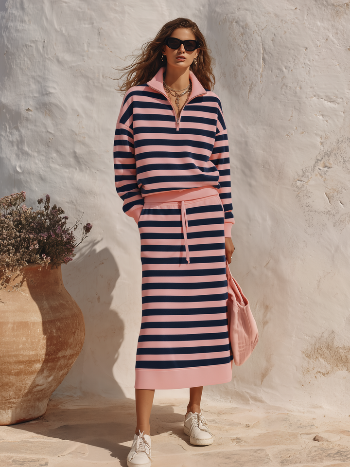 Kivara - Half-Zip Stand Collar Cotton-Blend Skirt Set