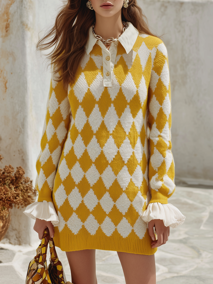 Nivora - Faux Two-Piece Argyle Knit Mini Dress