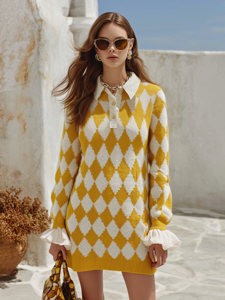 Nivora - Faux Two-Piece Argyle Knit Mini Dress