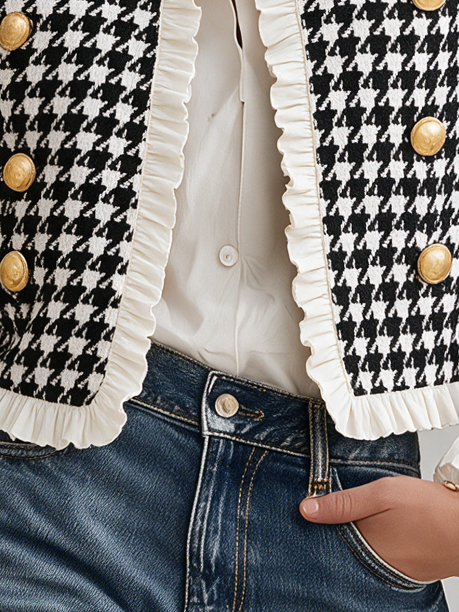 Mevara - Ruffle-Trim Houndstooth Jacket