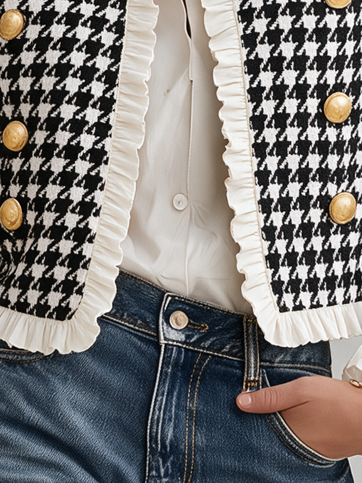 Mevara - Ruffle-Trim Houndstooth Jacket