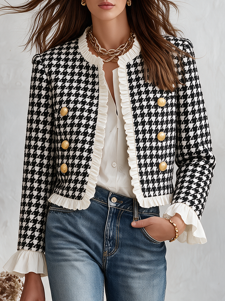 Mevara - Ruffle-Trim Houndstooth Jacket