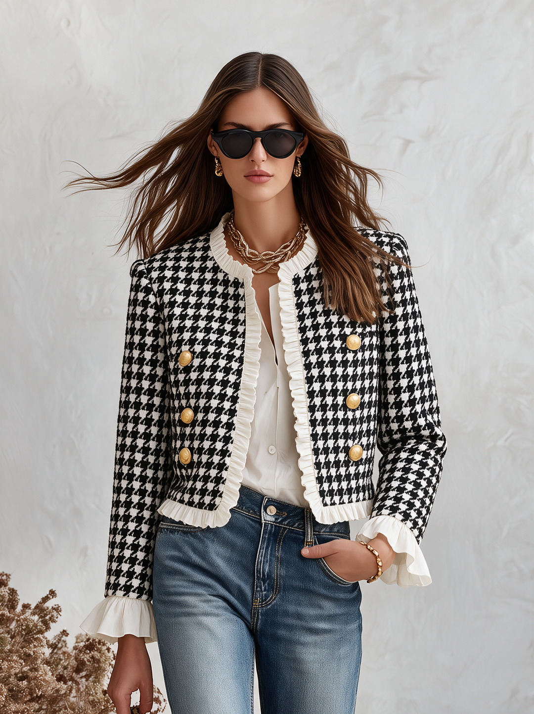 Mevara - Ruffle-Trim Houndstooth Jacket