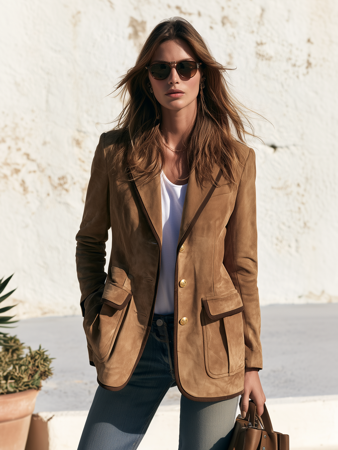 Relani - Contrast-Trim Faux Suede Blazer