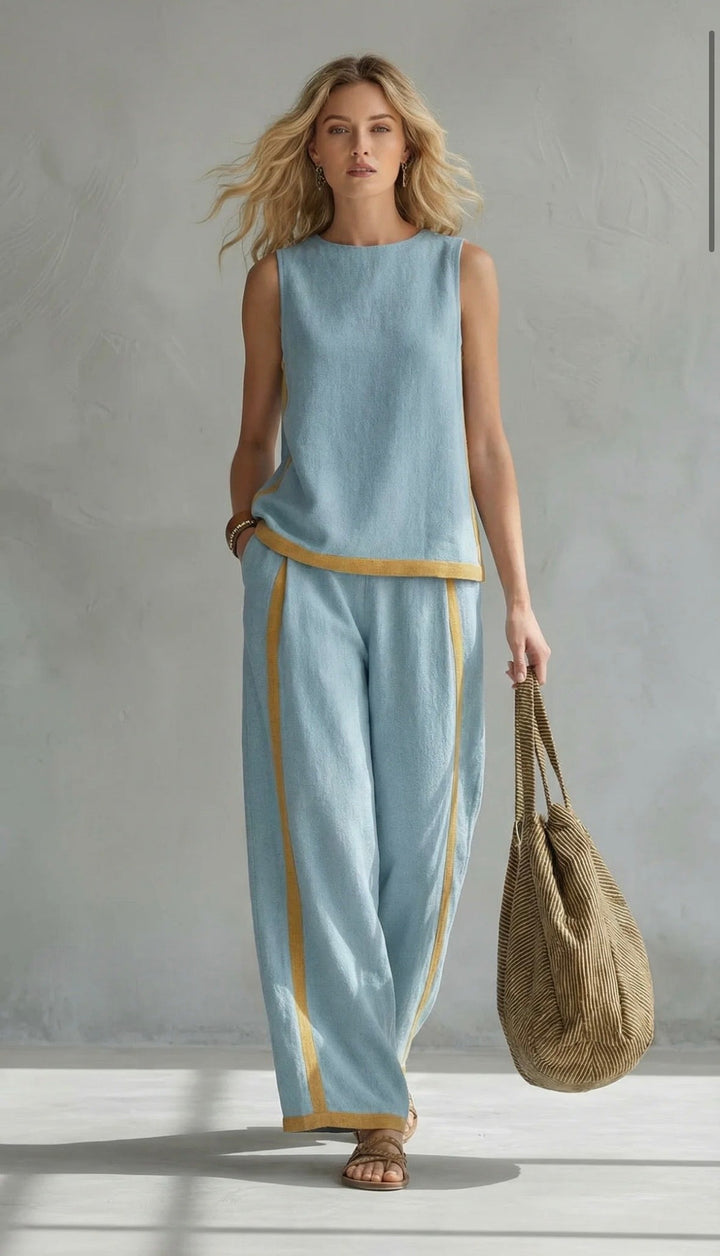 Arenia - Contrast Trim Linen-Cotton Waistcoat Trousers Set