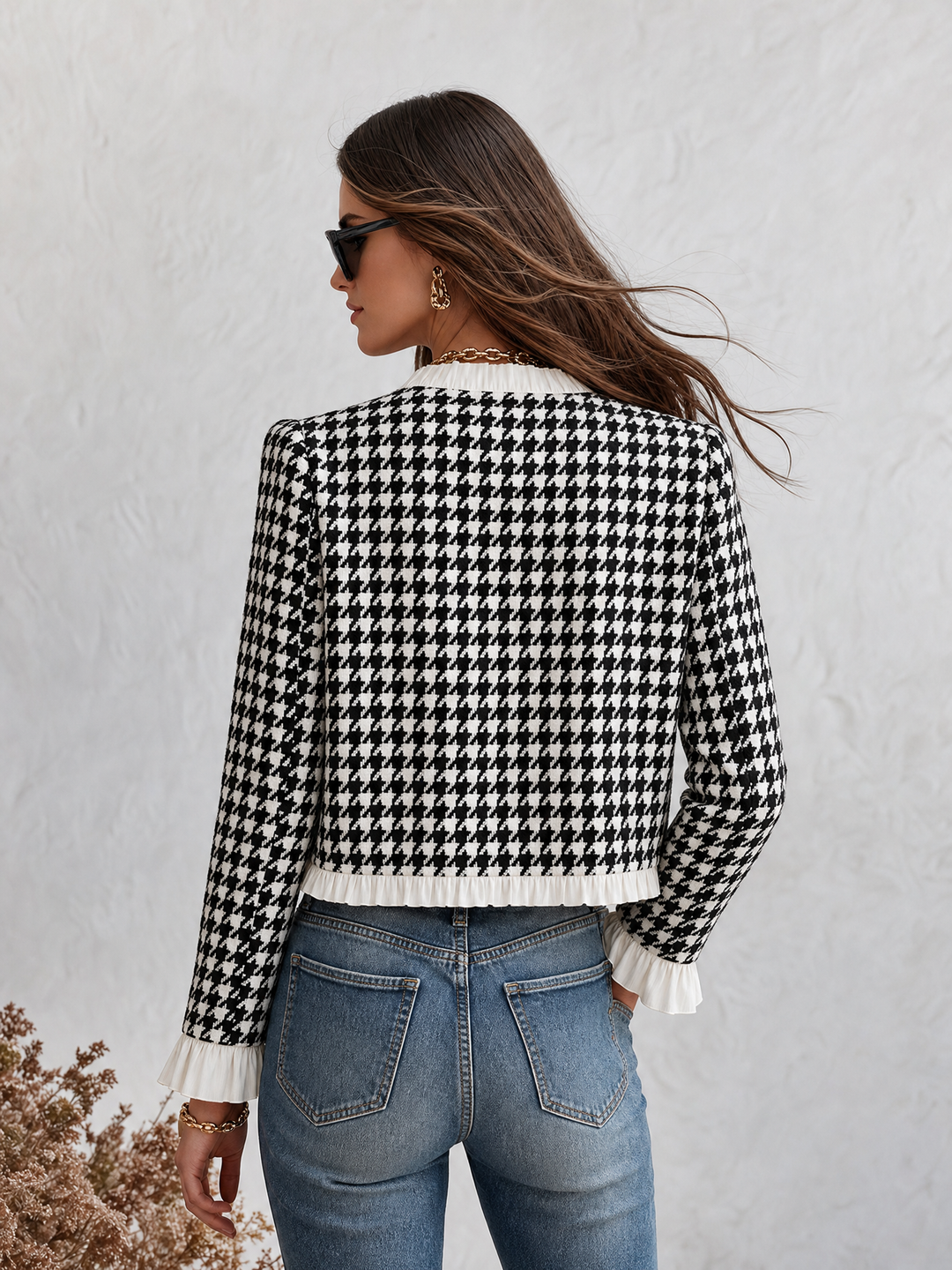 Mevara - Ruffle-Trim Houndstooth Jacket