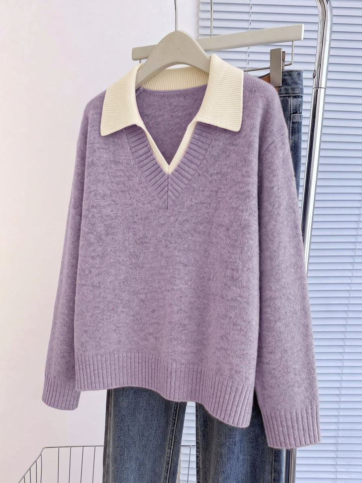 Cirelle - Double-Layered Contrast Collar Knit Pullover Sweater