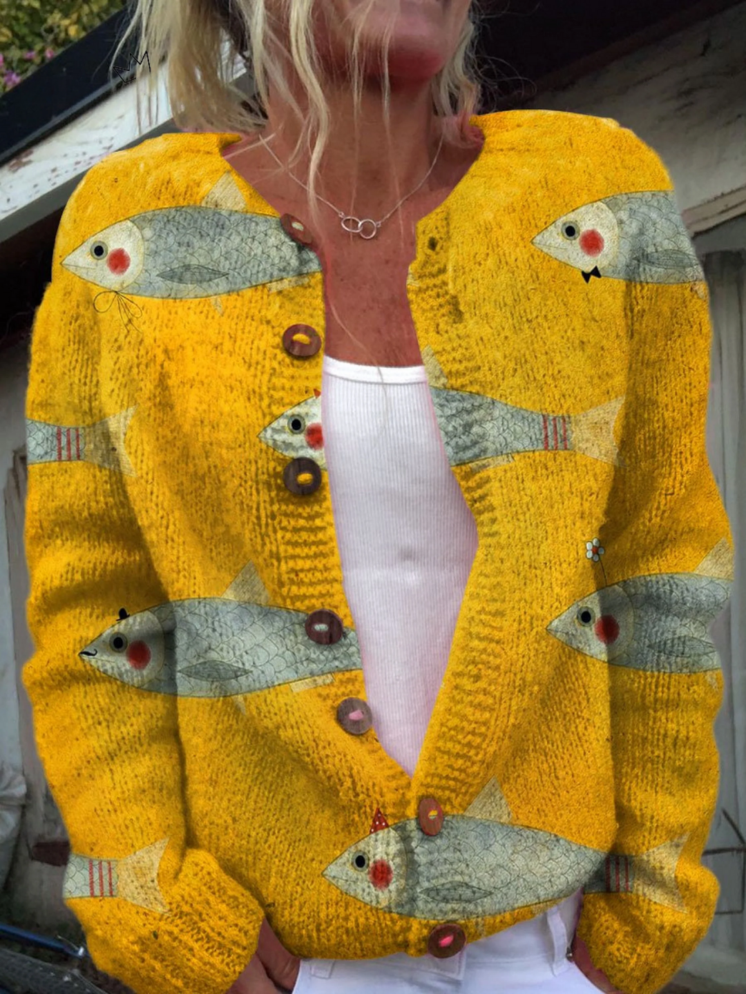 Vesara - Fish Print Knit Cardigan