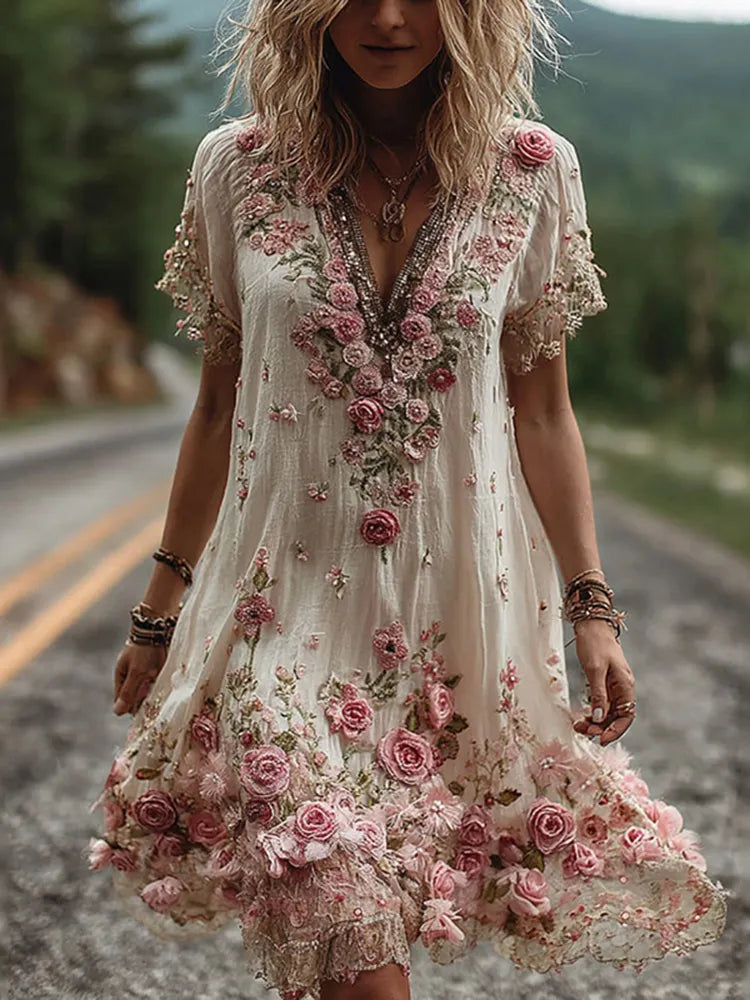 Noreli - Floral Embroidery Cotton-Blend Dress
