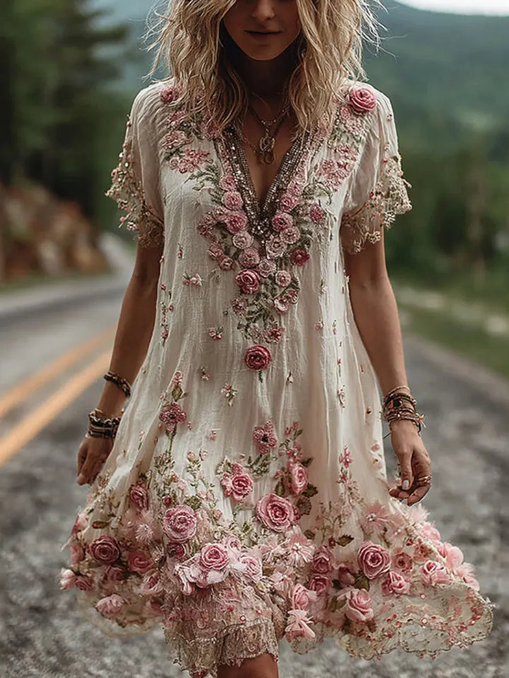 Noreli - Floral Embroidery Cotton-Blend Dress