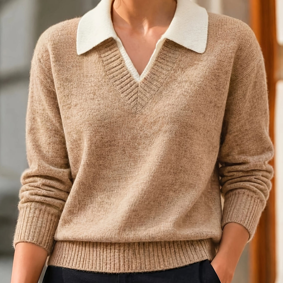 Cirelle - Double-Layered Contrast Collar Knit Pullover Sweater