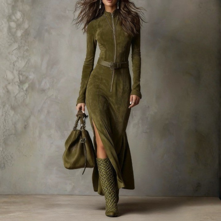 Navira - Belted Suede-Effect Dress