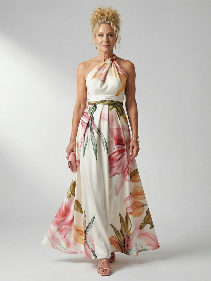 Mevara - Halter-Neck Floral Print Maxi Dress