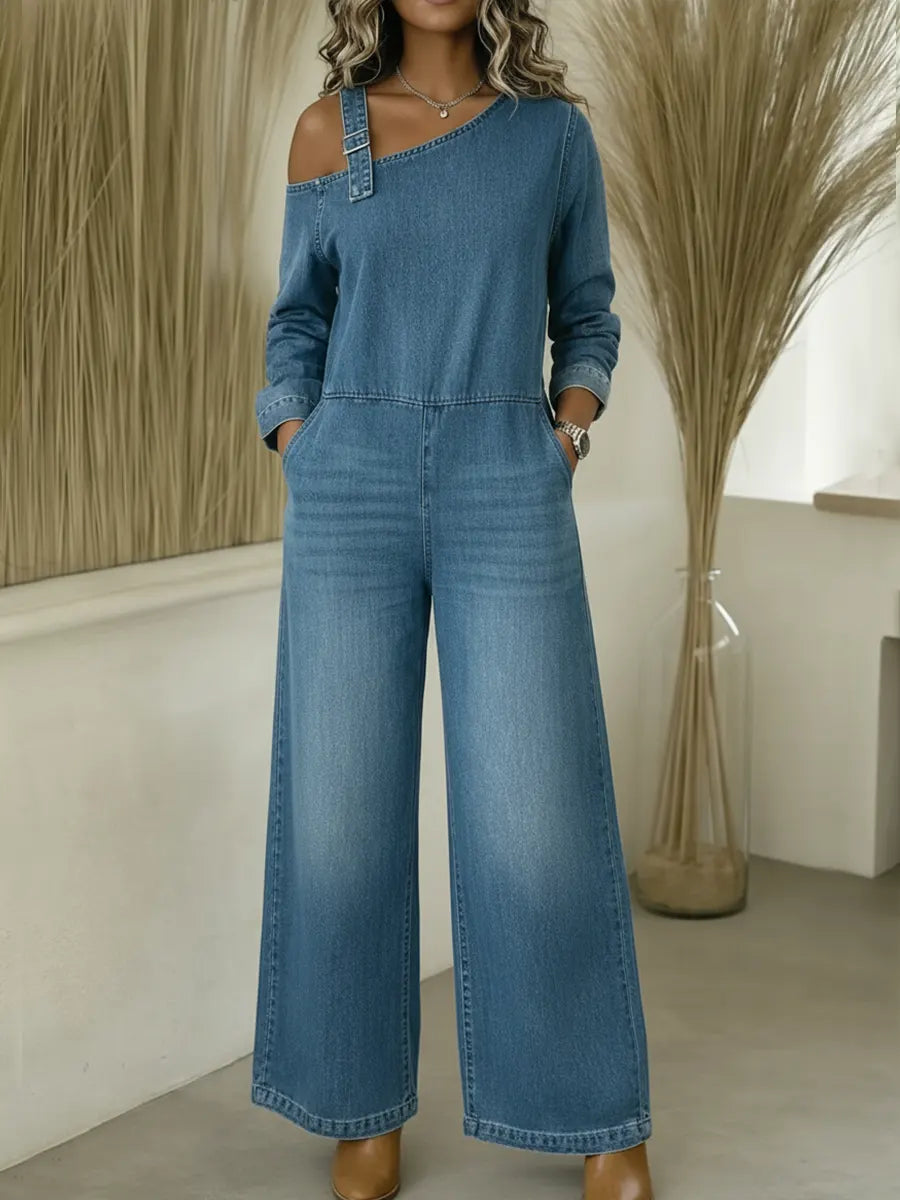 Lyrane - Bardot Neckline Denim Jumpsuit