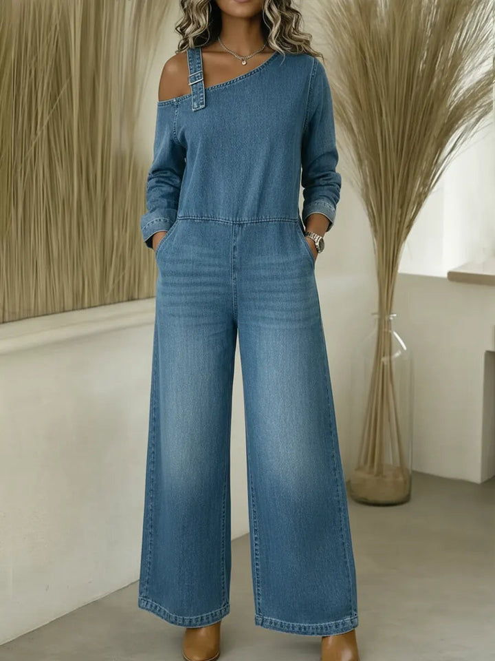 Lyrane - Bardot Neckline Denim Jumpsuit
