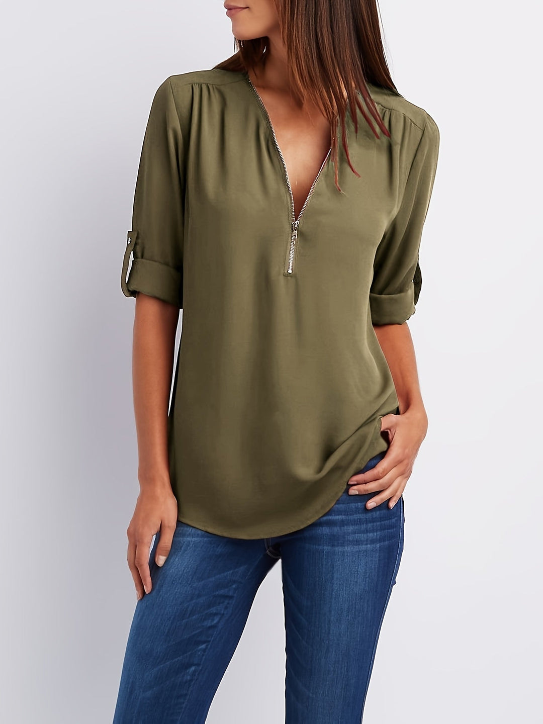 Nivara - Zip V-Neck Woven Blouse
