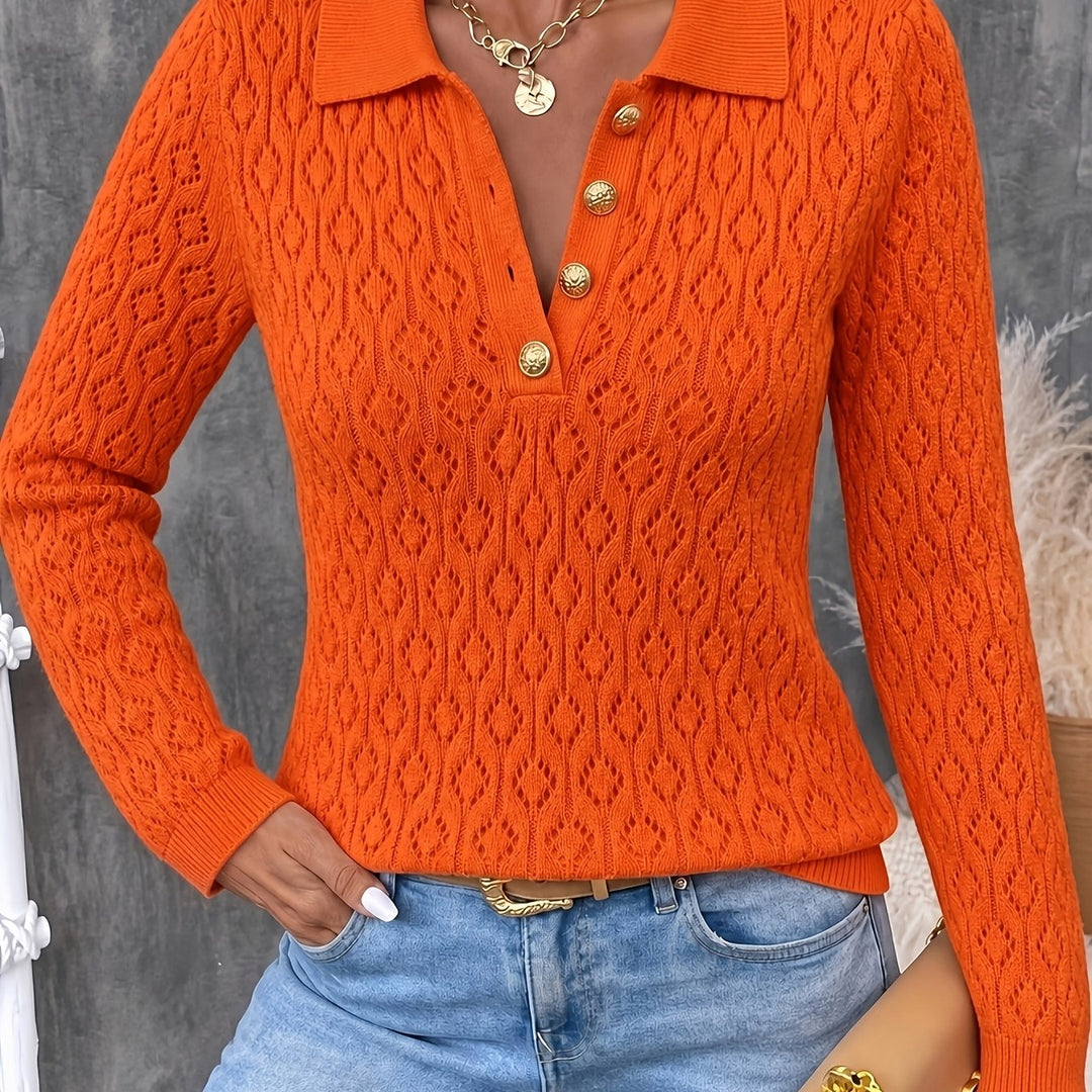 Avenya - Openwork Knit Polo Sweater