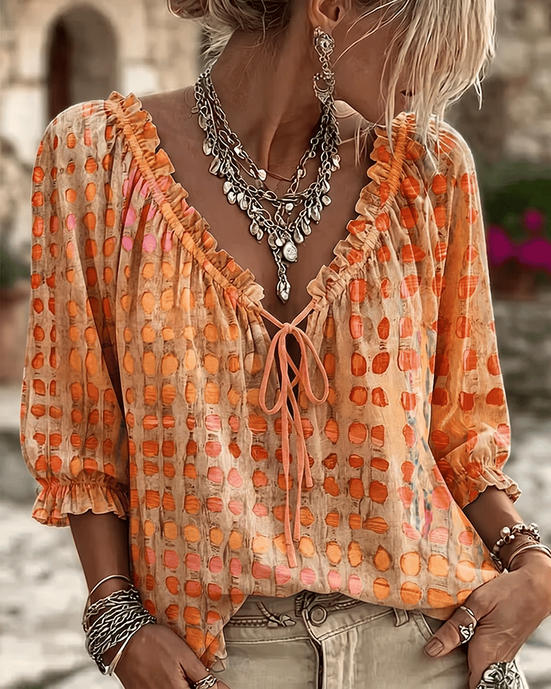 Noreli - Lace-Up V-Neck Cotton-Blend Blouse