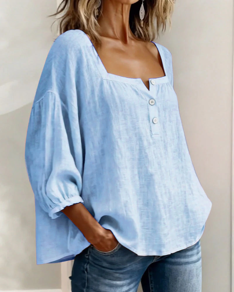Sivara - Square Neck Cotton-Linen Blouse