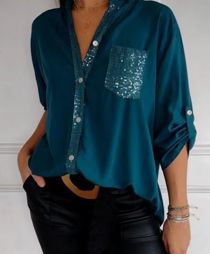 Calyra - Sequin Placket Cotton Top
