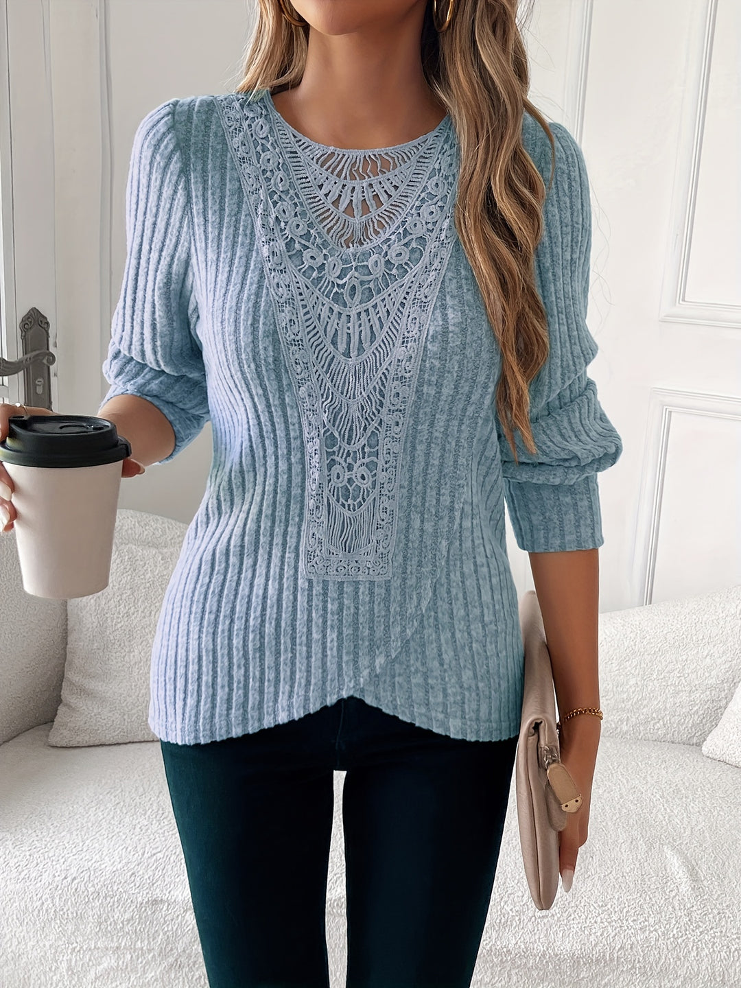 Nivara - Lace-Trim Round Neck Knit T-Shirt