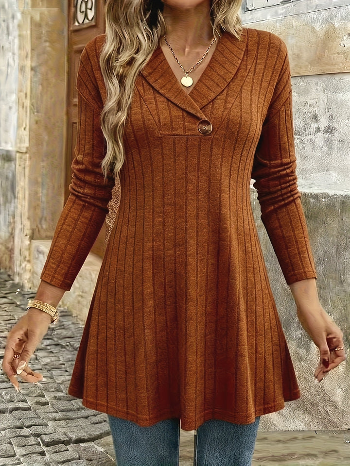Novira - Lapel V-Neck Rib Knit T-Shirt