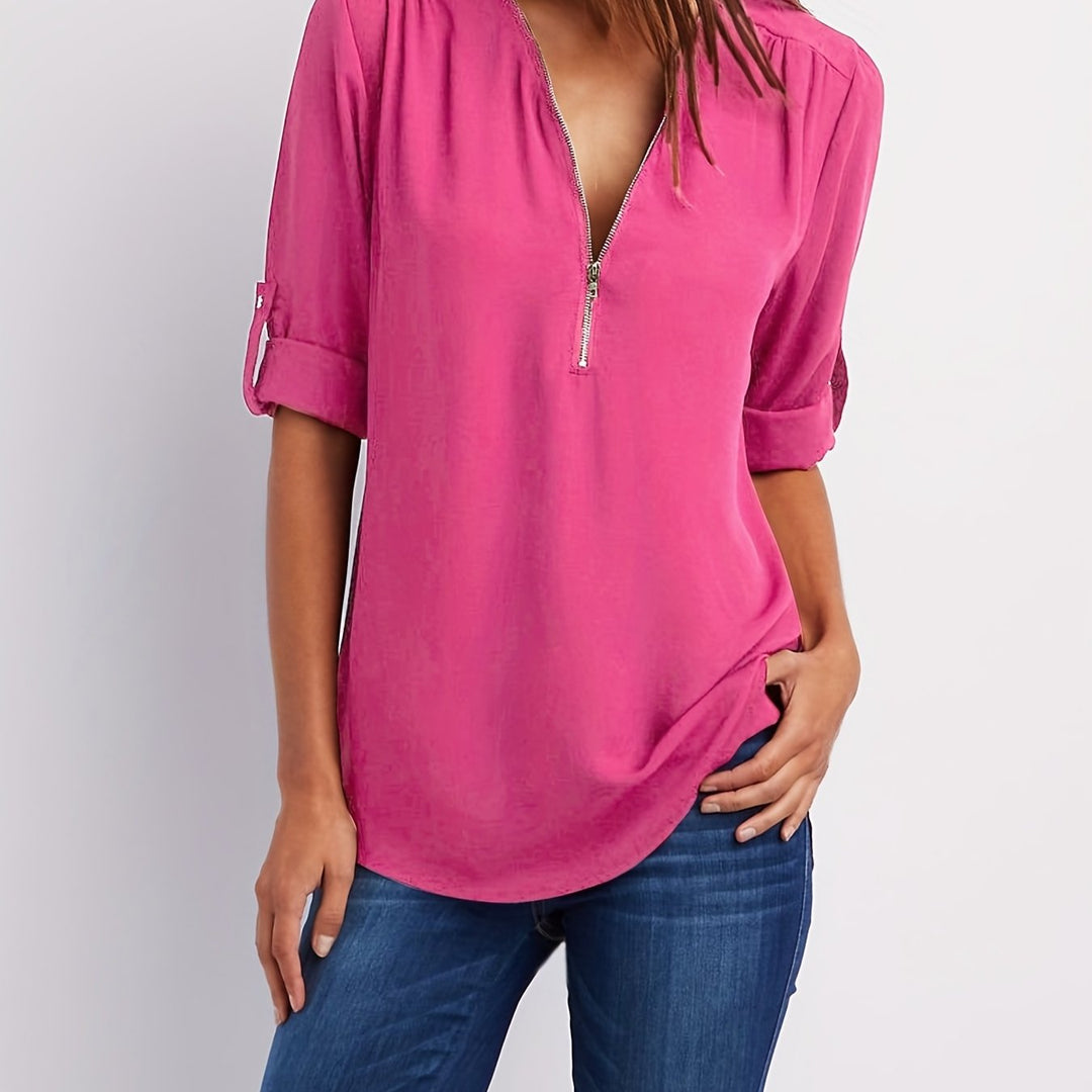 Nivara - Zip V-Neck Woven Blouse