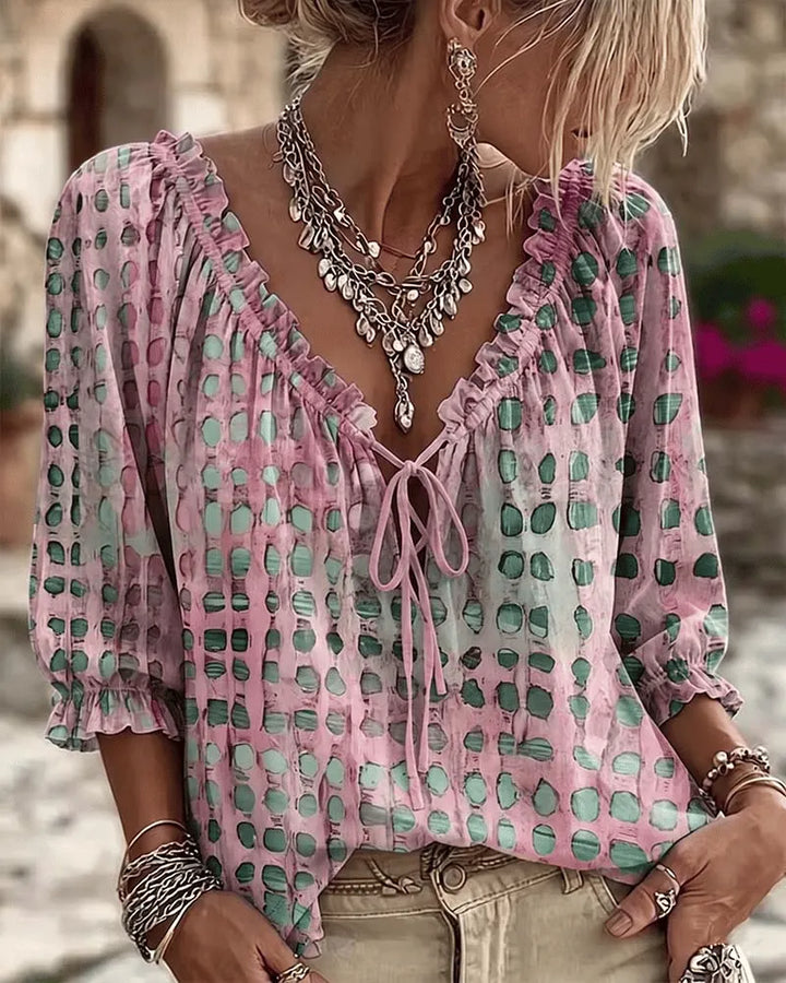 Noreli - Lace-Up V-Neck Cotton-Blend Blouse