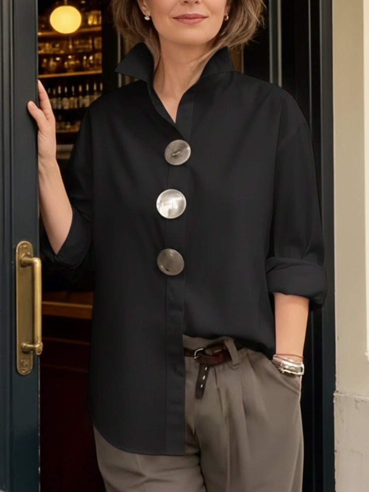 Avenya - Stand Collar Cotton-Linen Blouse