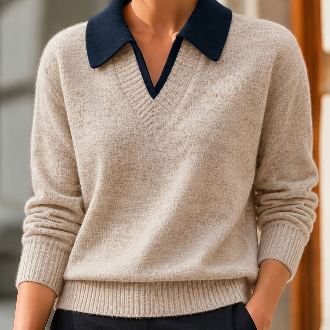 Cirelle - Double-Layered Contrast Collar Knit Pullover Sweater