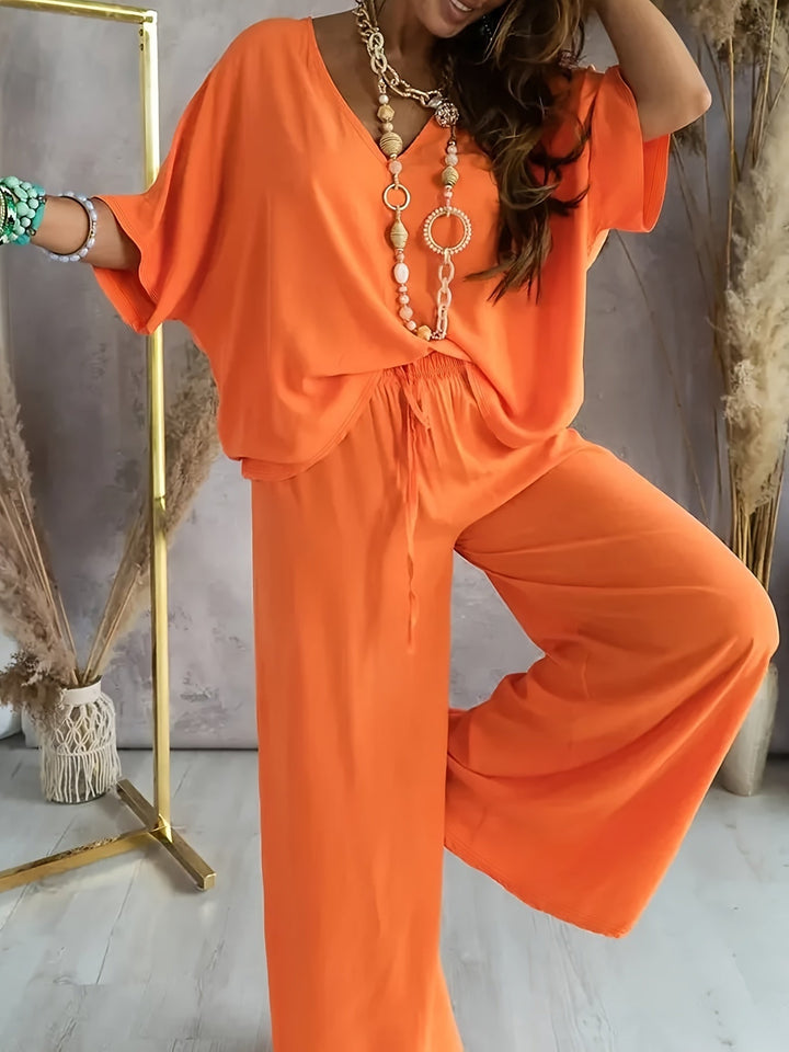 Velise - V-Neck Solid Two-Piece Set