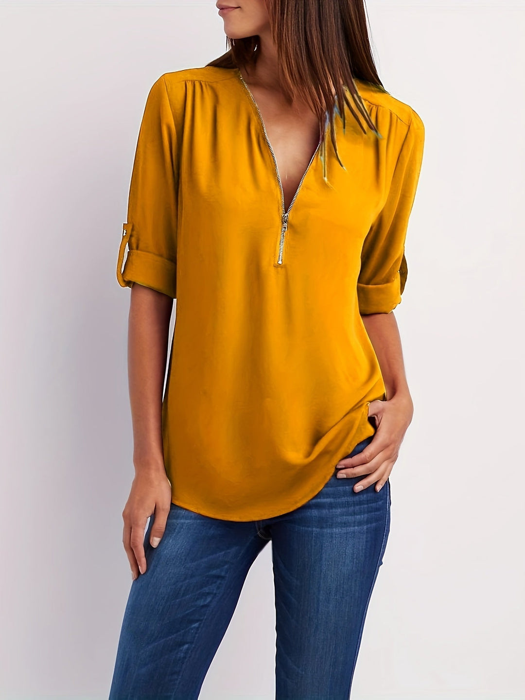 Nivara - Zip V-Neck Woven Blouse