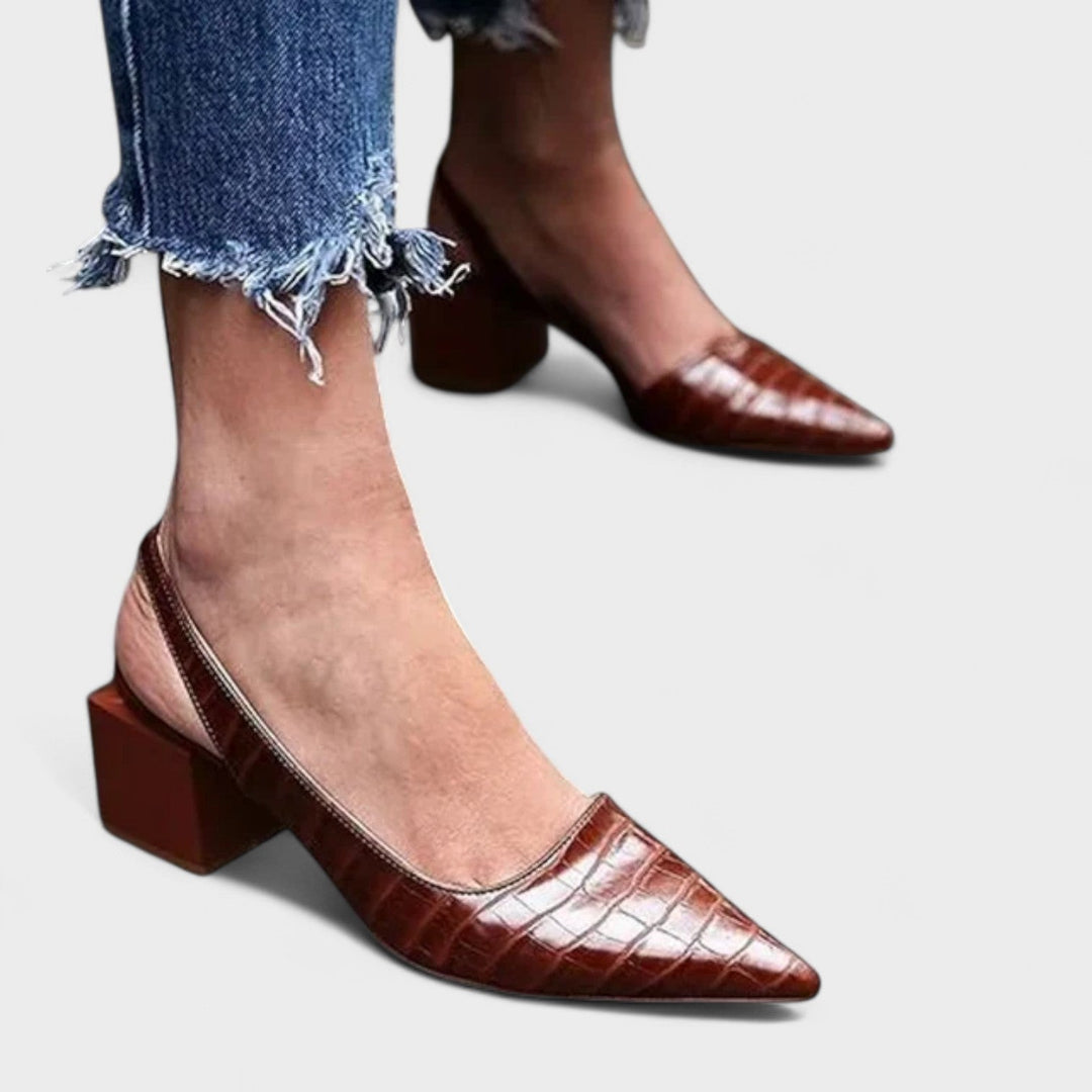 Oryla - Tapered-Toe Croc-Embossed Heels