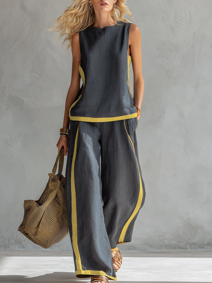 Arenia - Contrast Trim Linen-Cotton Waistcoat Trousers Set