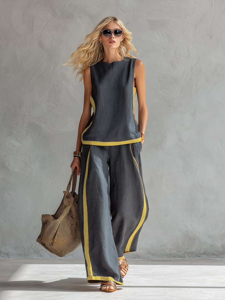Arenia - Contrast Trim Linen-Cotton Waistcoat Trousers Set