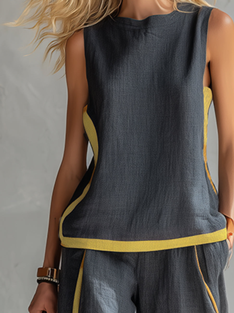 Arenia - Contrast Trim Linen-Cotton Waistcoat Trousers Set