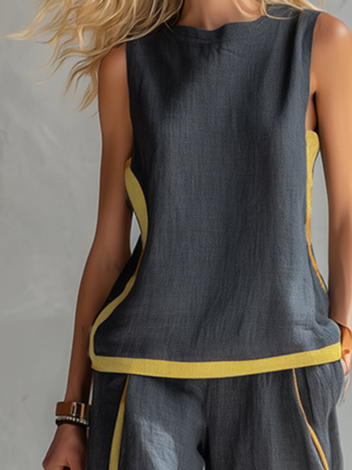 Arenia - Contrast Trim Linen-Cotton Waistcoat Trousers Set