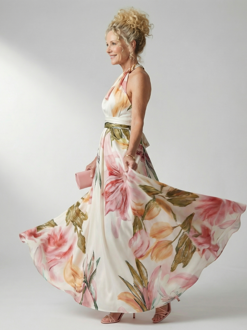 Mevara - Halter-Neck Floral Print Maxi Dress