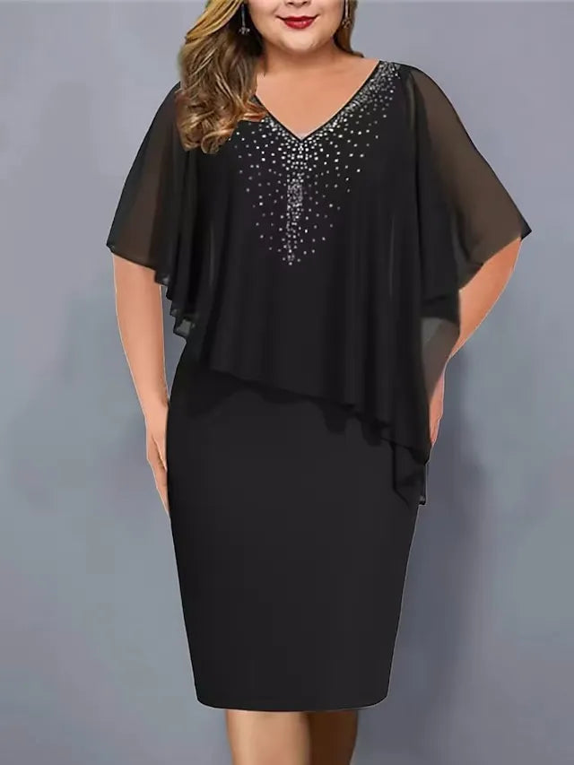 Virela - Rhinestone V-Neck Chiffon Midi Dress