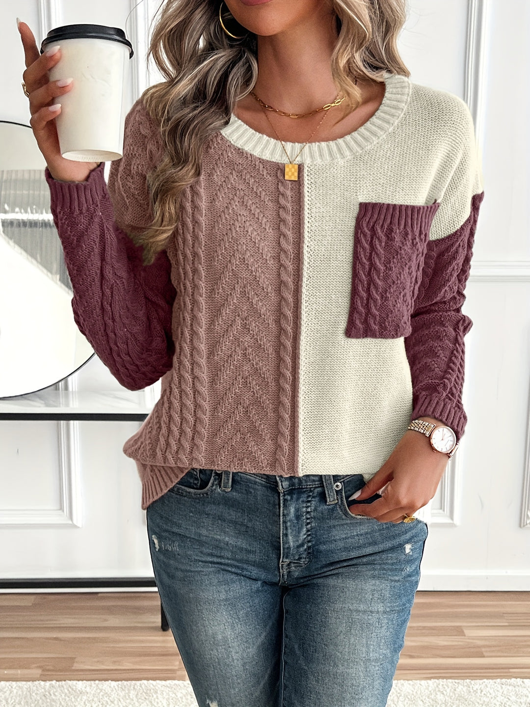 Nireva - Colour-Block Cable Knit Sweater