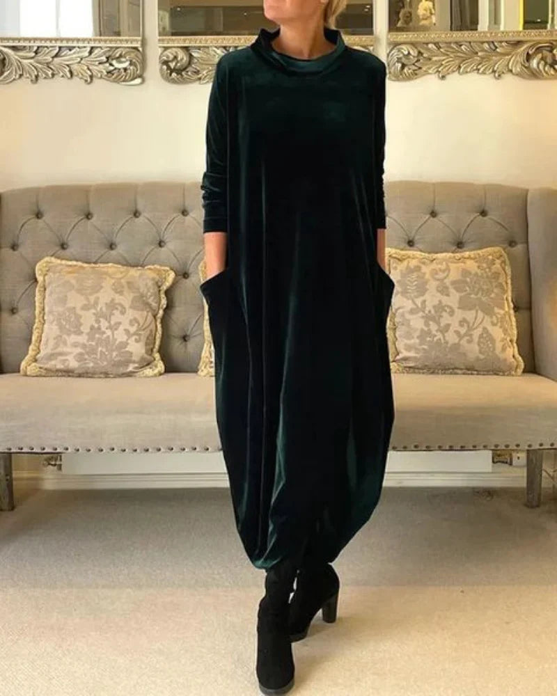 Avenya - High-Collar Velvet Long Dress