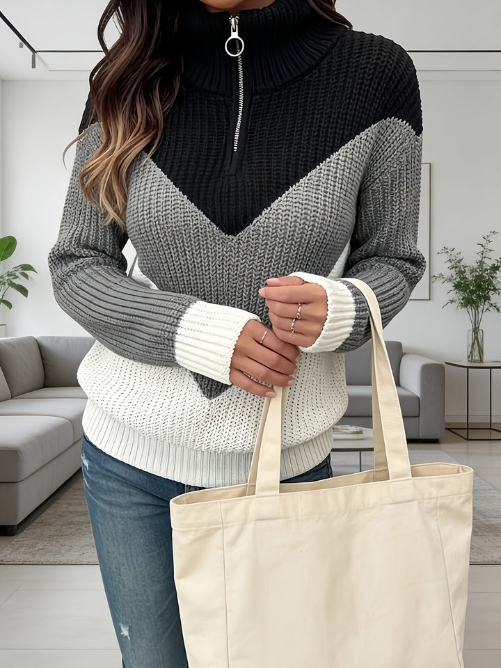 Velira - Colorblock Knit Zip Sweater