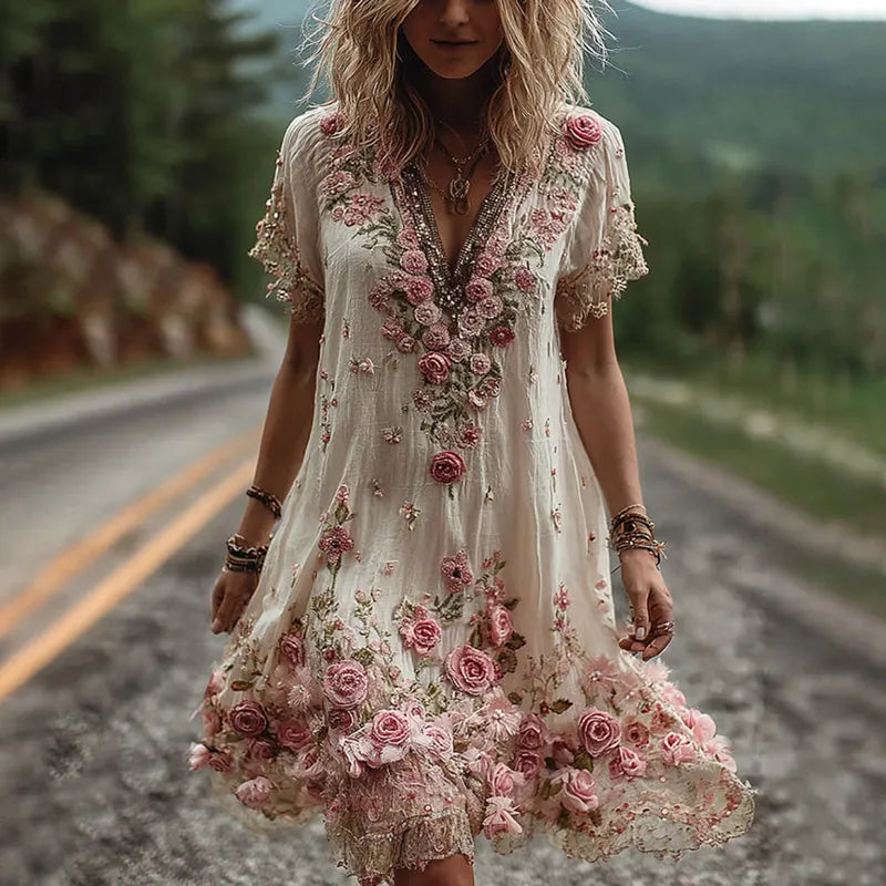 Noreli - Floral Embroidery Cotton-Blend Dress
