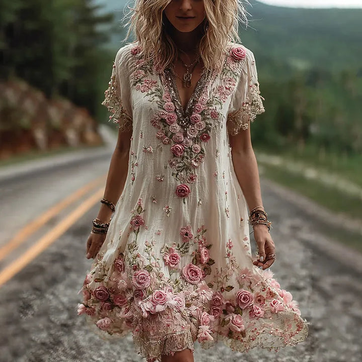 Noreli - Floral Embroidery Cotton-Blend Dress