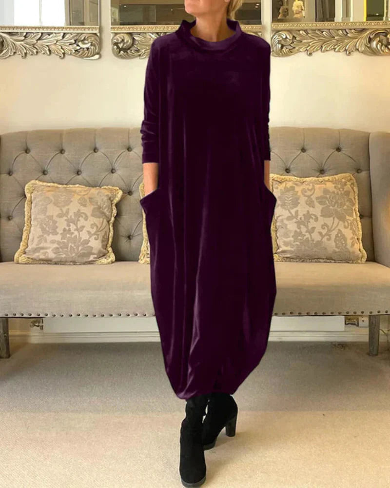 Avenya - High-Collar Velvet Long Dress