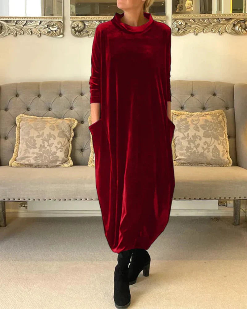 Avenya - High-Collar Velvet Long Dress