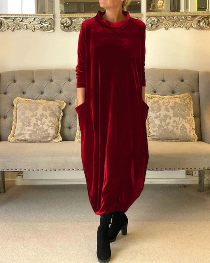 Avenya - High-Collar Velvet Long Dress