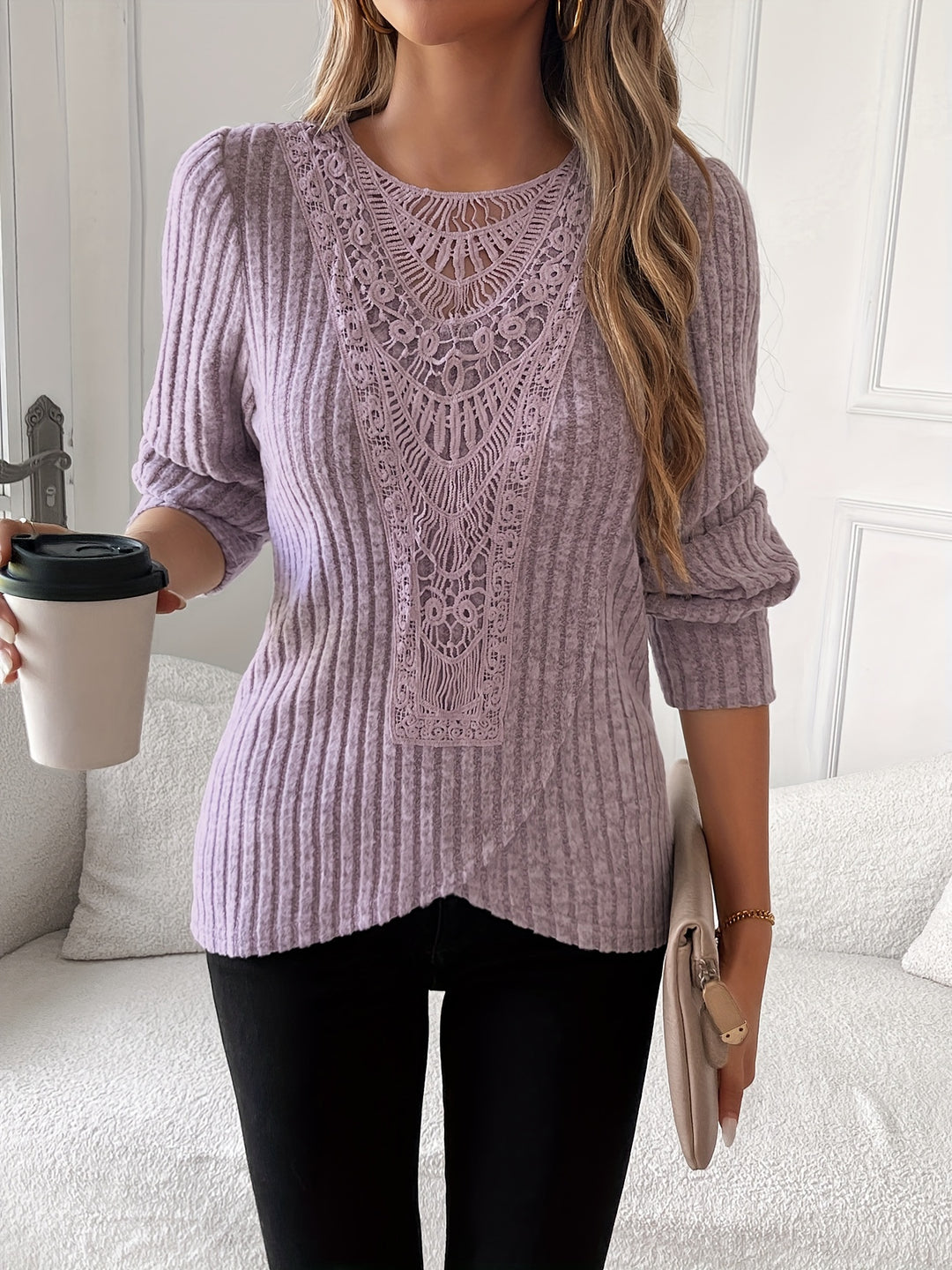 Nivara - Lace-Trim Round Neck Knit T-Shirt