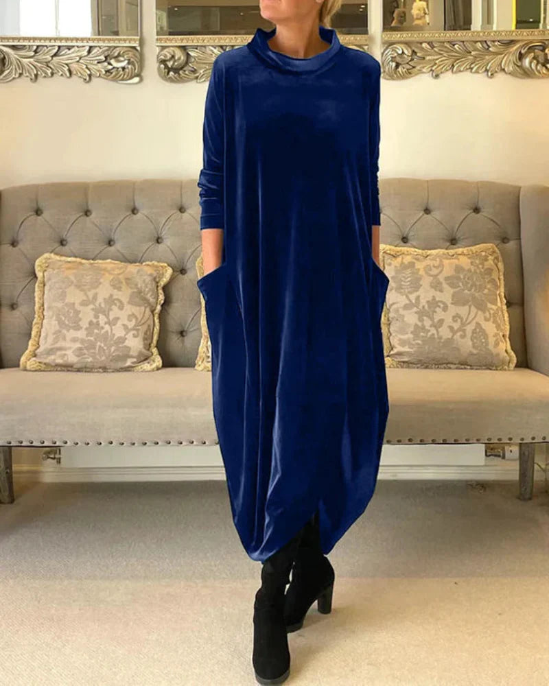 Avenya - High-Collar Velvet Long Dress