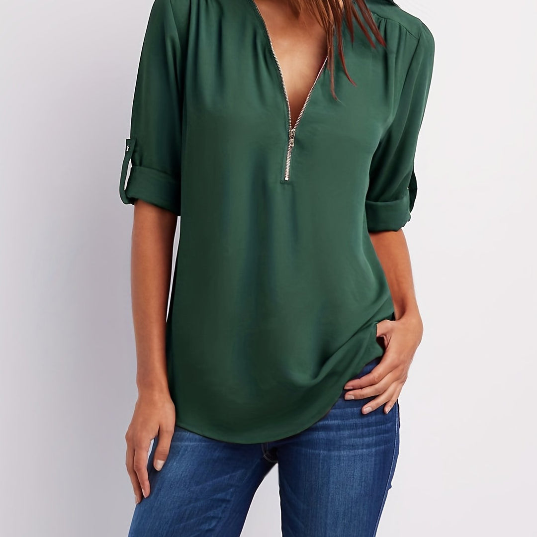 Nivara - Zip V-Neck Woven Blouse